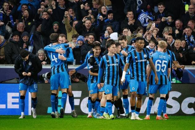 Club s Gustaf Nilsson celebrates after scoring during a soccer game between Belgian soccer team Club Brugge KV and Italian club Atalanta Bergamo, on Wednesday 12 February 2025 in Brugge, in the first leg of the Knockout phase play-offs of the UEFA Champions League competition. KURTxDESPLENTER  x112326689x