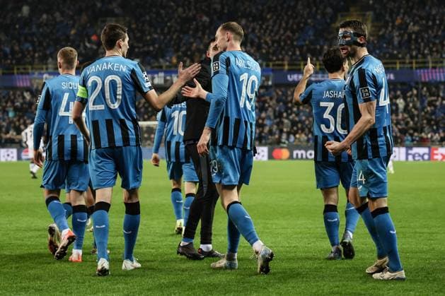 Club s Gustaf Nilsson celebrates after scoring during a soccer game between Belgian soccer team Club Brugge KV and Italian club Atalanta Bergamo, on Wednesday 12 February 2025 in Brugge, in the first leg of the Knockout phase play-offs of the UEFA Champions League competition. BRUNOxFAHY  x112326735x