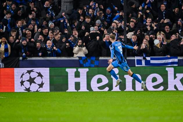 Club Brugge v Atalanta - UEFA Champions League BRUGGE, BELGIUM - FEBRUARY 12 : Nilsson Gustaf forward of Club Brugge celebrating scoring a goal during the UEFA Champions League 2024 25 knockout phase play-off match first round between Club Brugge and Atalanta on February 12, 2025 in Brugge, Belgium, 12 02 2025 Brugge Belgium  Copyright: xDhax