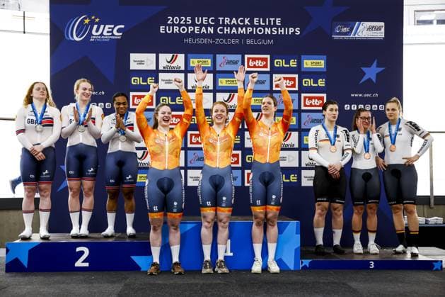 HEUSDEN-ZOLDER - (l-r) Steffie van der Peet, Hetty van de Wouw, Kimberly Kalee on the podium after winning the final team sprint during the first day of the European Track cycling, Rad, Radsport, Bahnrad, Bahn championships in Belgium. ANP BAS CZERWINSKI xVIxANPxSportx xxANPxIVx 519819004 originalFilename: 519819004.jpg