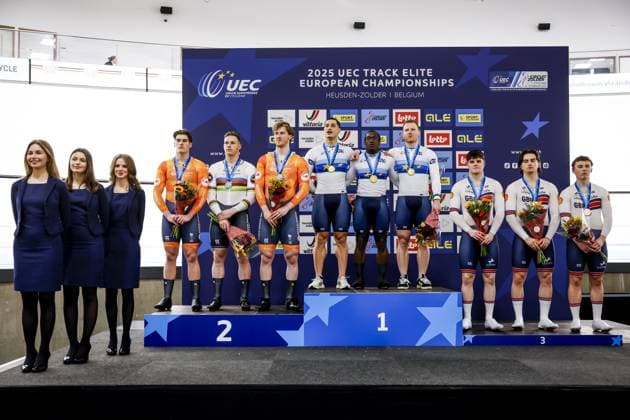 HEUSDEN-ZOLDER - (l-r) Loris Leneman, Harrie Lavreysen, Tijmen van Loon (in orange) on the podium after taking silver in the final team sprint during the first day of the European Track cycling, Rad, Radsport, Bahnrad, Bahn championships in Belgium. ANP BAS CZERWINSKI xVIxANPxSportx xxANPxIVx 519820217 originalFilename: 519820217.jpg