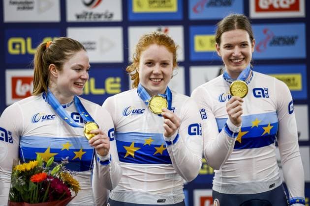 HEUSDEN-ZOLDER - (l-r) Steffie van der Peet, Hetty van de Wouw, Kimberly Kalee on the podium after winning the final team sprint during the first day of the European Track cycling, Rad, Radsport, Bahnrad, Bahn championships in Belgium. ANP BAS CZERWINSKI xVIxANPxSportx xxANPxIVx 519821105 originalFilename: 519821105.jpg