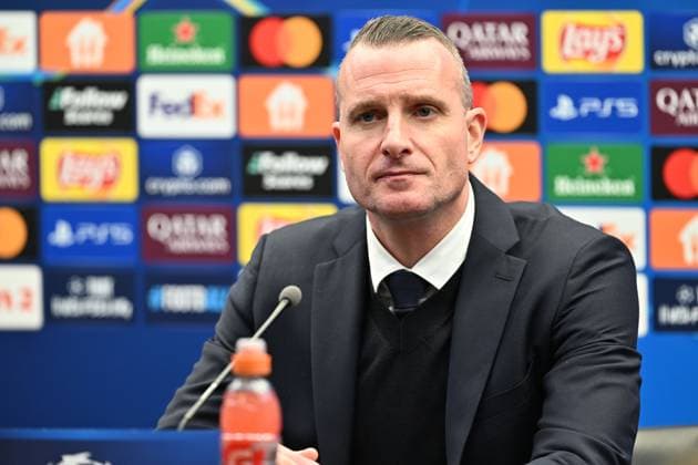 250212 Champions League Knock Out Club Brugge vs Atalanta Head Coach Nicky Hayen of Club Brugge pictured during the post match press conference, PK, Pressekonferenz after a soccer game between Belgian Club Brugge KV and Italian Atalanta Bergamo in the UEFA Champions League Knockout phase play-offs leg 1 of the 2024-25 season, on Wednesday 12 February 2025 in Brugge , Belgium . photo Isosport David Catry Brugge Belgium  Copyright: xDavidxCatryx 20250212DC2_3836