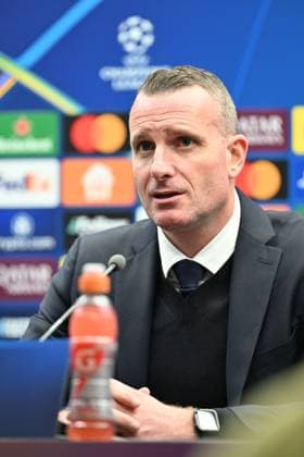 250212 Champions League Knock Out Club Brugge vs Atalanta Head Coach Nicky Hayen of Club Brugge pictured during the post match press conference, PK, Pressekonferenz after a soccer game between Belgian Club Brugge KV and Italian Atalanta Bergamo in the UEFA Champions League Knockout phase play-offs leg 1 of the 2024-25 season, on Wednesday 12 February 2025 in Brugge , Belgium . photo Isosport David Catry Brugge Belgium  Copyright: xDavidxCatryx 20250212DC2_3948