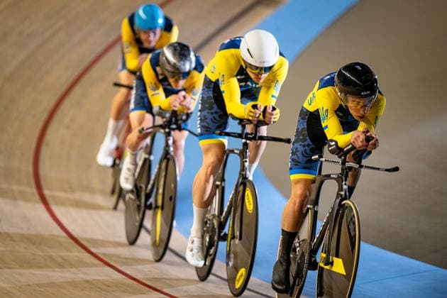 Ukraine: UEC Track cycling, Rad, Radsport, Bahnrad, Bahn European Championships Heusden-Zolder 2025 CHYZHYKOV Heorhii - GLADYSH Roman - KOZORIZ Danylo - YAKOVLEV Daniil ( UKR ) Ukraine Querformat - quer - horizontal - Landscape - Event Veranstaltung: UEC Track Cycling European Championships 2025 - Category Kategorie: Cycling - Track Cycling European Championships - Location Ort: Europe Belgium - Heusden-Zolder - Discipline: Team Pursuit - Category: Elite Men - Distance: 4000 m - Date Datum: 12.02.2025 Wednesday Day 1 -