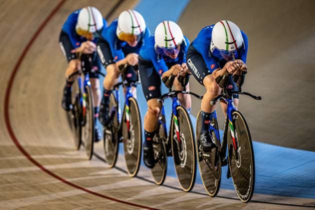 Italy: UEC Track cycling, Rad, Radsport, Bahnrad, Bahn European Championships Heusden-Zolder 2025 ALZINI Martina - CONSONNI Chiara - FIDANZA Martina - GUAZZINI Vittoria ( ITA ) Italy Querformat - quer - horizontal - Landscape - Event Veranstaltung: UEC Track Cycling European Championships 2025 - Category Kategorie: Cycling - Track Cycling European Championships - Location Ort: Europe Belgium - Heusden-Zolder - Discipline: Team Pursuit - Category: Elite Women - Distance: 4000 m - Date Datum: 12.02.2025 Wednesday Day 1 -