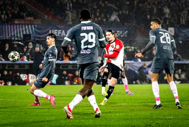Feyenoord Rotterdam forwarder Anis Hadj Moussa during the match Feyenoord - AC Milan at the Stadium De Kuip for the UEFA Champions League- Knockout phase play- offs1st leg season 2024-2025 in ROTTERDAM, Netherlands on 12 february 2025, (photo by Marcel van Dorst EYE4images DeFodi Images) Defodi-746_215379
