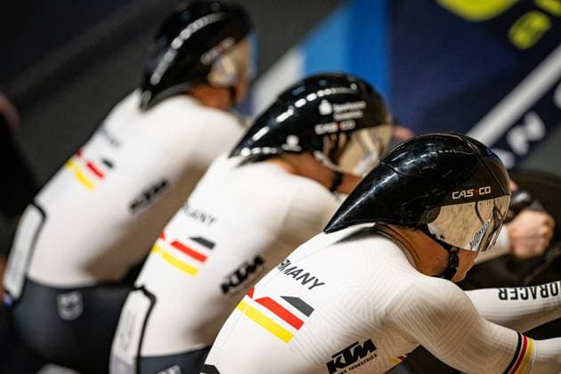 Germany: UEC Track cycling, Rad, Radsport, Bahnrad, Bahn European Championships Heusden-Zolder 2025 SCHROTER Nik - SPIEGEL Luca - DÖRNBACH Maximilian ( GER ) Germany Querformat - quer - horizontal - Landscape - Event Veranstaltung: UEC Track Cycling European Championships 2025 - Category Kategorie: Cycling - Track Cycling European Championships - Location Ort: Europe Belgium - Heusden-Zolder - Discipline: Team Sprint - Category: Elite Men - Distance: ... m - Date Datum: 12.02.2025 Wednesday Day 1 -
