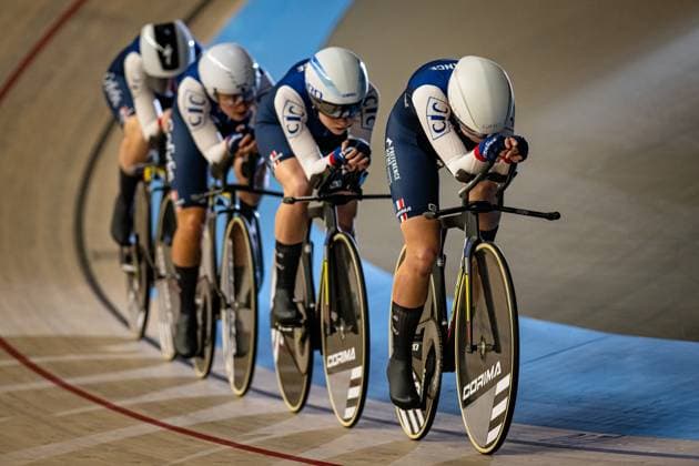 France: UEC Track cycling, Rad, Radsport, Bahnrad, Bahn European Championships Heusden-Zolder 2025 BERTEAU Victoire - BORRAS Marion - CABOT Elina - CHEREAU Clemence ( FRA ) France Querformat - quer - horizontal - Landscape - Event Veranstaltung: UEC Track Cycling European Championships 2025 - Category Kategorie: Cycling - Track Cycling European Championships - Location Ort: Europe Belgium - Heusden-Zolder - Discipline: Team Pursuit - Category: Elite Women - Distance: 4000 m - Date Datum: 12.02.2025 Wednesday Day 1 -
