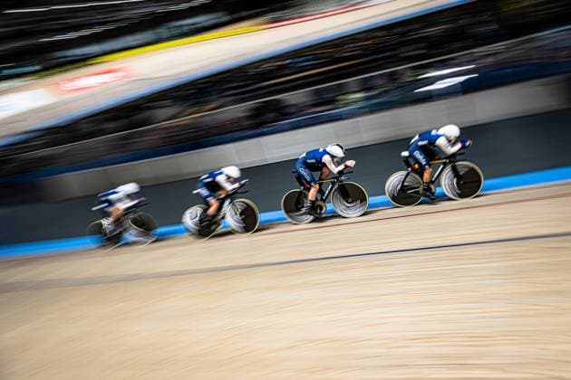 France: UEC Track cycling, Rad, Radsport, Bahnrad, Bahn European Championships Heusden-Zolder 2025 BERTEAU Victoire - BORRAS Marion - CABOT Elina - CHEREAU Clemence ( FRA ) France Querformat - quer - horizontal - Landscape - Event Veranstaltung: UEC Track Cycling European Championships 2025 - Category Kategorie: Cycling - Track Cycling European Championships - Location Ort: Europe Belgium - Heusden-Zolder - Discipline: Team Pursuit - Category: Elite Women - Distance: 4000 m - Date Datum: 12.02.2025 Wednesday Day 1 -
