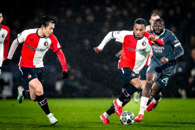 Feyenoord Rotterdam midfielder Quinten Timber, AC Milan midfielder Youssouf Fofane during the match Feyenoord - AC Milan at the Stadium De Kuip for the UEFA Champions League- Knockout phase play- offs1st leg season 2024-2025 in ROTTERDAM, Netherlands on 12 february 2025, (photo by Marcel van Dorst EYE4images DeFodi Images) Defodi-746_215383