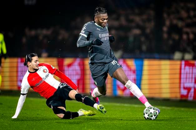 Feyenoord Rotterdam forwarder Anis Hadj Moussa, AC Milan forwarder Rafael Leao during the match Feyenoord - AC Milan at the Stadium De Kuip for the UEFA Champions League- Knockout phase play- offs1st leg season 2024-2025 in ROTTERDAM, Netherlands on 12 february 2025, (photo by Marcel van Dorst EYE4images DeFodi Images) Defodi-746_215400