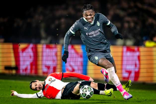 Feyenoord Rotterdam forwarder Anis Hadj Moussa, AC Milan forwarder Rafael Leao during the match Feyenoord - AC Milan at the Stadium De Kuip for the UEFA Champions League- Knockout phase play- offs1st leg season 2024-2025 in ROTTERDAM, Netherlands on 12 february 2025, (photo by Marcel van Dorst EYE4images DeFodi Images) Defodi-746_215403