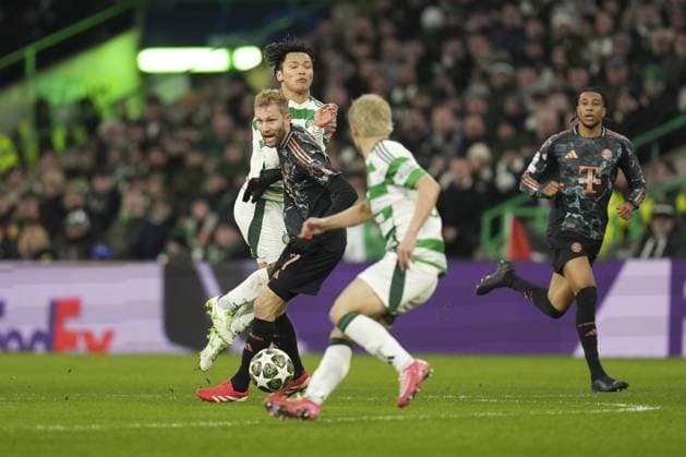 Konrad Laimer of Bayern Munich with the ball in between Reo Hatate of Celtic in background and Daizen Maeda of Celtic in foreground Celtic v Bayern Munich, UEFA Champions League, Knockout Round Play-offs, First Leg, Football, Celtic Park, Glasgow, UK - 12 Feb 2025 EDITORIAL USE ONLY No use with unauthorised audio, video, data, fixture lists, club league logos or live services. Online in-match use limited to 120 images, no video emulation. No use in betting, games or single club league player publications. Copyright: xStuartxWallace Shutterstockx 15136907cu