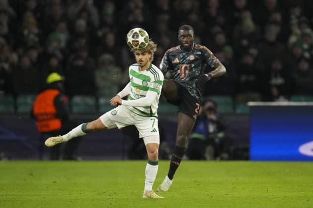 Jota of Celtic and Dayot Upamecano of Bayern Munich compete for the ball Celtic v Bayern Munich, UEFA Champions League, Knockout Round Play-offs, First Leg, Football, Celtic Park, Glasgow, UK - 12 Feb 2025 EDITORIAL USE ONLY No use with unauthorised audio, video, data, fixture lists, club league logos or live services. Online in-match use limited to 120 images, no video emulation. No use in betting, games or single club league player publications. Copyright: xStuartxWallace Shutterstockx 15136907de