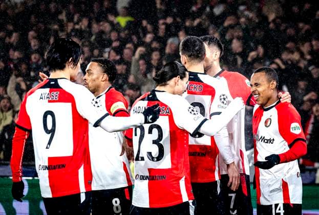 Feyenoord Rotterdam forwarder Igor Paixao celebrating the goal during the match Feyenoord - AC Milan at the Stadium De Kuip for the UEFA Champions League- Knockout phase play- offs1st leg season 2024-2025 in ROTTERDAM, Netherlands on 12 february 2025, (photo by Marcel van Dorst EYE4images DeFodi Images) Defodi-746_215447