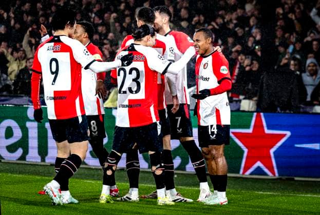 Feyenoord Rotterdam forwarder Igor Paixao celebrating the goal during the match Feyenoord - AC Milan at the Stadium De Kuip for the UEFA Champions League- Knockout phase play- offs1st leg season 2024-2025 in ROTTERDAM, Netherlands on 12 february 2025, (photo by Marcel van Dorst EYE4images DeFodi Images) Defodi-746_215449