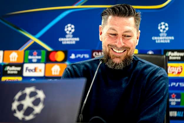Feyenoord Rotterdam trainer Pascal Bosschaart during te press conference, PK, Pressekonferenz after the match Feyenoord - AC Milan at the Stadium De Kuip for the UEFA Champions League- Knockout phase play- offs1st leg season 2024-2025 in ROTTERDAM, Netherlands on 12 february 2025, (photo by Marcel van Dorst EYE4images DeFodi Images) Defodi-746_215469