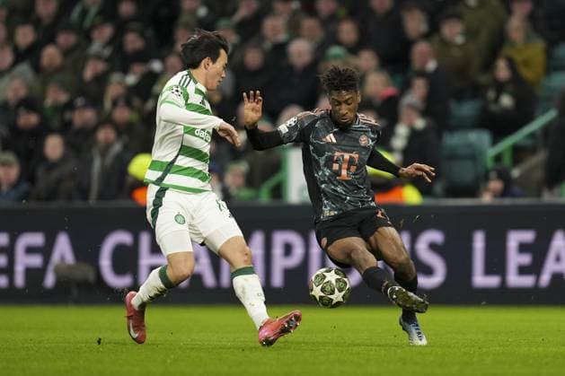 Kingsley Coman of Bayern Munich under pressure from Hyunjun Yang of Celtic Park Celtic v Bayern Munich, UEFA Champions League, Knockout Round Play-offs, First Leg, Football, Celtic Park, Glasgow, UK - 12 Feb 2025 EDITORIAL USE ONLY No use with unauthorised audio, video, data, fixture lists, club league logos or live services. Online in-match use limited to 120 images, no video emulation. No use in betting, games or single club league player publications. Copyright: xStuartxWallace Shutterstockx 15136907gv