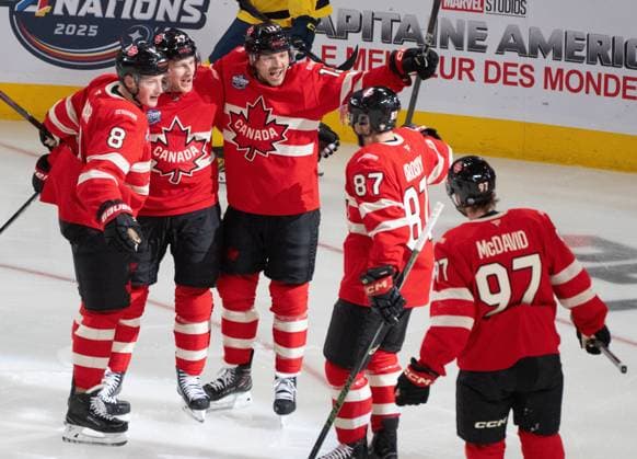 February 12, 2025, Montreal, Pq, CANADA: Canada forward Nathan MacKinnon (29) celebrates his goal over Sweden with teammates from left to right, Cale Makar (8), Sam Reinhart (13), Sidney Crosby (87) and Connor McDavid (97) during first period 4 Nations Face-Off hockey action in Montreal on Wednesday, Feb. 12, 2025. Canada News - February 12, 2025 - ZUMAc35_ 20250212_zaf_c35_100 Copyright: xChristinnexMuschix