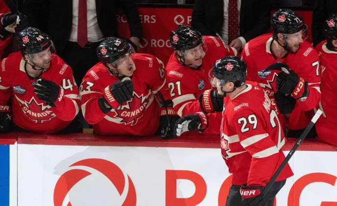 February 12, 2025, Montreal, Pq, CANADA: Canada forward Nathan MacKinnon (29) celebrates his goal over Sweden with teammates during first period 4 Nations Face-Off hockey action in Montreal on Wednesday, Feb. 12, 2025. Canada News - February 12, 2025  - ZUMAc35_ 20250212_zaf_c35_101 Copyright: xChristinnexMuschix