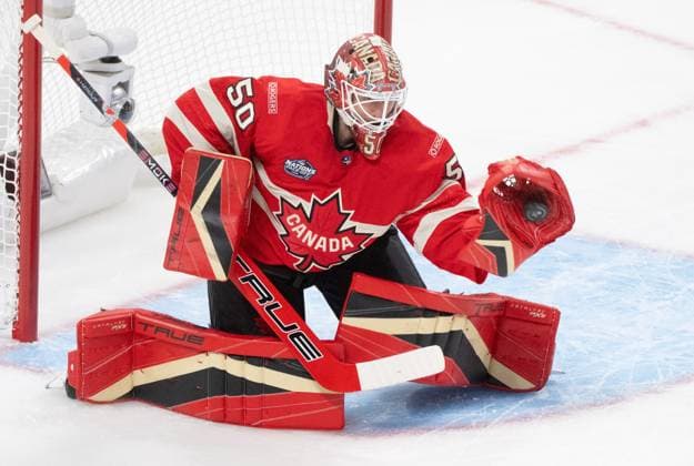 February 12, 2025, Montreal, Pq, CANADA: Canada goaltender Jordan Binnington (50) makes a glove save against Sweden during first period 4 Nations Face-Off hockey action in Montreal on Wednesday, Feb. 12, 2025. Canada News - February 12, 2025  - ZUMAc35_ 20250212_zaf_c35_107 Copyright: xChristinnexMuschix