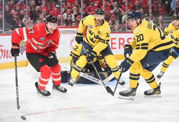 February 12, 2025, Montreal, Pq, Canada: Canada s Connor McDavid (97) and Sweden goaltender Filip Gustavsson, Mattias Ekholm (14) and Joel Eriksson Ek (20) watch the puck during first period 4 Nations Face-Off hockey action in Montreal, Wednesday, February 12, 2025. Connor McDavid,  - ZUMAc35_ 20250212_zaf_c35_113 Copyright: xGrahamxHughesx