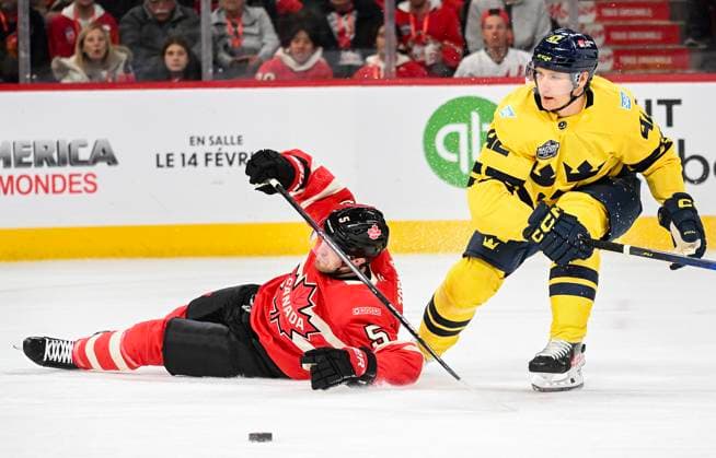 February 12, 2025, Montreal, Pq, Canada: Canada s Devon Toews (5) and Sweden s Gustav Forsling (42) collide during first period 4 Nations Face-Off hockey action in Montreal, Wednesday, February 12, 2025. Devon Toews, Gustav Forsling,  - ZUMAc35_ 20250212_zaf_c35_121 Copyright: xGrahamxHughesx