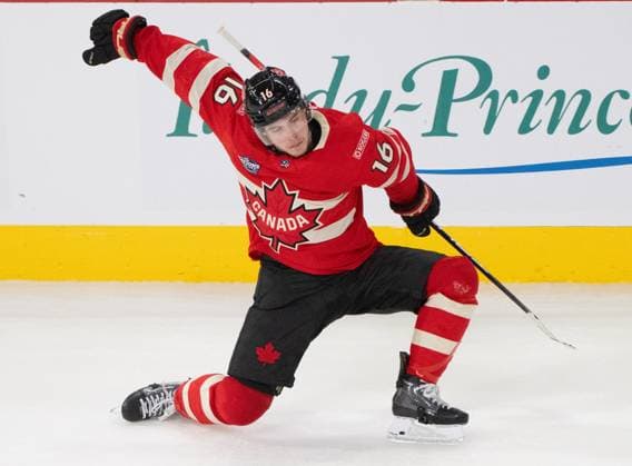 February 12, 2025, Montreal, Pq, CANADA: Canada forward Mitch Marner (16) celebrates his game-winning goal during overtime 4 Nations Face-Off hockey action against Sweden in Montreal on Wednesday, Feb. 12, 2025. Canada News - February 12, 2025  - ZUMAc35_ 20250212_zaf_c35_144 Copyright: xChristinnexMuschix