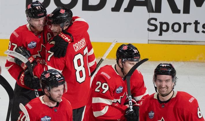 February 12, 2025, Montreal, Pq, CANADA: Canada s Connor McDavid (97) and Sidney Crosby (87) hug following their overtime win over Sweden during 4 Nations Face-Off hockey action in Montreal on Wednesday, Feb. 12, 2025. Canada News - February 12, 2025  - ZUMAc35_ 20250212_zaf_c35_149 Copyright: xChristinnexMuschix