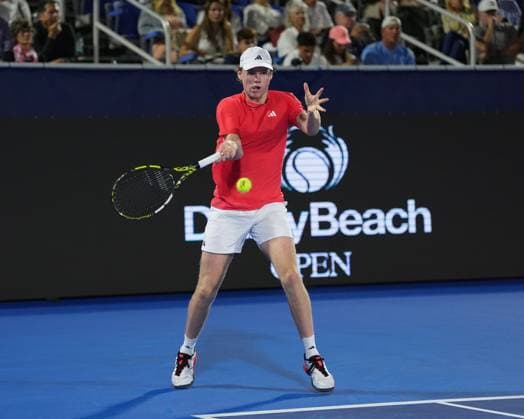 February, 12- Delray Beach, FL: Alex Michelsen(USA)in action here during the 2025 Delray Beach Open held at the Delray Beach Tennis Center in Delray Beach Florida. Copyright: xAndrewxPatronx