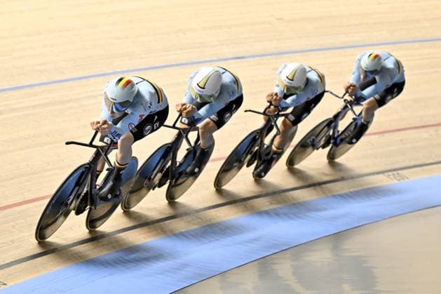 Belgian Thibaut Bernard, Belgian Tom Crabbe, Belgian Yoran Van Gucht and Belgian Renzo Raes pictured in action during the men s Team Pursuit first round at the 2025 UEC Track Elite European Championships, in Heusden-Zolder, Belgium, Thursday 13 February 2025. The European Championships take place from 12 to 16 February. DIRKxWAEM  x112365562x