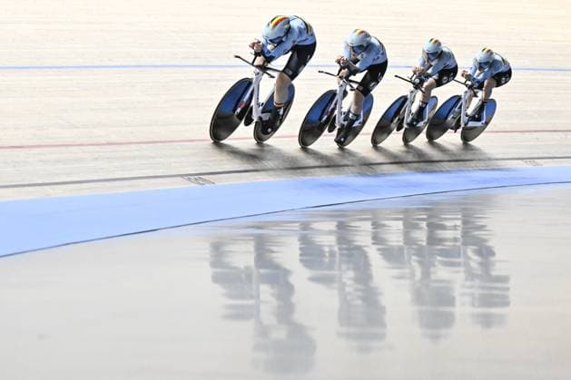 Belgian Katrijn De Clercq, Belgian Marith Vanhove, Belgian Febe Jooris and Belgian Helene Hesters pictured in action during the women s Team Pursuit first round at the 2025 UEC Track Elite European Championships, in Heusden-Zolder, Belgium, Thursday 13 February 2025. The European Championships take place from 12 to 16 February. DIRKxWAEM  x112368430x