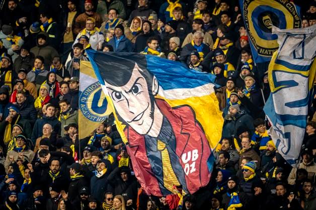 Supporters of Union Saint-Gilloise during the match Union SG - Ajax at the King Baudouin Stadium for the UEFA Europa League - Knockout phase play-offs - 1st leg season 2024-2025 in BRUSSELS, Belgium on 13 february 2025, (photo by Marcel van Dorst EYE4images DeFodi Images) Defodi-746_215734