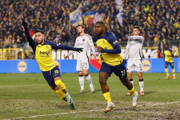 BRUSSELS, 13-02-2025, King Boudewijn Stadium, Europa League match first leg between Union Saint Gilloise and Ajax. Union Saint-Gilloise player Anouar Ait El Hadj and Union Saint-Gilloise player Noah Sadiki Union Saint Gilloise - Ajax  x27844713x Copyright: