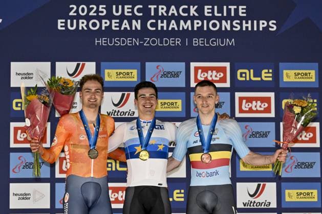 Radsport, Bahnrad-EM Zolder Dutch Yanne Dorenbos, Portuguese Iuri Leitao and Belgian Jasper De Buyst pictured during the men s Points Race podium ceremony at the 2025 UEC Track Elite European Championships, in Heusden-Zolder, Belgium, Thursday 13 February 2025. The European Championships take place from 12 to 16 February. DIRKxWAEM  x112381767x