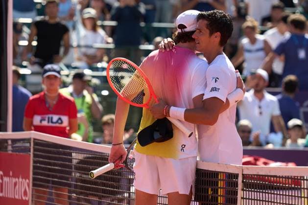 Joao Fonseca of Brazil great Federico Coria of Argentina of at the net after his second round match win at the IEB+ Argentina Open 2025 at Buenos Aires Lawn Tennis Club February 13, 2025 in Buenos Aires, Argentina. (Photo by Camilla Stolen, Imago) Buenos Aires Argentina Copyright: xCamillaxStolenx L1080048