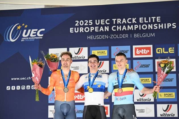 Radsport, Bahnrad-EM Zolder 13-02-2025 European Championships Elite Track; Giornata 02; 2025, Portogallo; 2025, Olanda; 2025, Belgium; Leitao, Iuri; Dorenbos, Yanne; De Buyst, Jasper; Zolder Velodromo; 