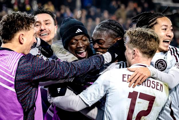 AFC Ajax Amsterdam defender Jorthy Mokio celebrating the goal during the match Union SG - Ajax at the King Baudouin Stadium for the UEFA Europa League - Knockout phase play-offs - 1st leg season 2024-2025 in BRUSSELS, Belgium on 13 february 2025, (photo by Marcel van Dorst EYE4images DeFodi Images) Defodi-746_215798