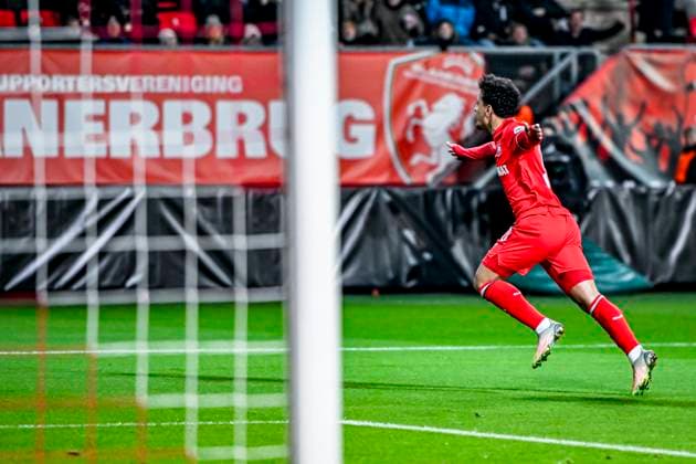 FC Twente forward Sayf Ltaief. celebrating the goal 1-0, during the match Twente - Bodo Glimt at the Grolsch Veste, FC Twente Stadion for the UEFA Europa League - Knockout phase play-offs - 1st leg season 2024-2025 in ENSCHEDE, Netherlands on 13 februari 2025, (photo by Stefan Koops EYE4images DeFodi Images) Defodi-746_215802