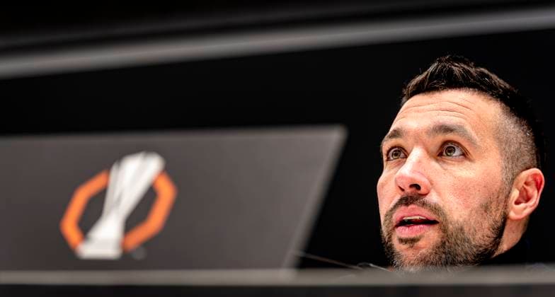 AFC Ajax Amsterdam trainer Francesco Farioli during te press conference, PK, Pressekonferenz after the match Union SG - Ajax at the King Baudouin Stadium for the UEFA Europa League - Knockout phase play-offs - 1st leg season 2024-2025 in BRUSSELS, Belgium on 13 february 2025, (photo by Marcel van Dorst EYE4images DeFodi Images) Defodi-746_215816
