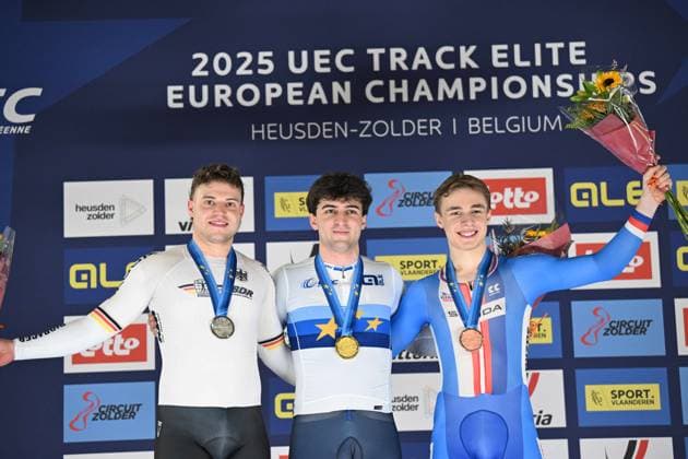Radsport, Bahnrad-EM Zolder 13-02-2025 European Championships Elite Track; Giornata 02; 2025, Italia; 2025, Germnay; 2025, Repubblica Ceca; Bianchi, Matteo; Dornbach, Maximilian; Peterka, David; Zolder Velodromo; 