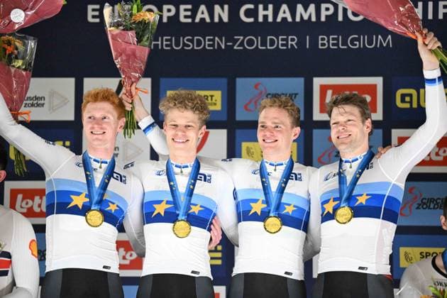 Radsport, Bahnrad-EM Zolder 13-02-2025 European Championships Elite Track; Giornata 02; 2025, Danimarca; Hansen, Aagaard Tobias; Larsen, Niklas; Leth Norman Lasse; Skivild, Juel Robin; Zolder Velodromo; 