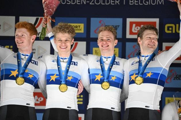 Radsport, Bahnrad-EM Zolder 13-02-2025 European Championships Elite Track; Giornata 02; 2025, Danimarca; Hansen, Aagaard Tobias; Larsen, Niklas; Leth Norman Lasse; Skivild, Juel Robin; Zolder Velodromo; 