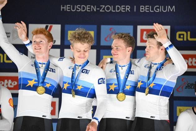 Radsport, Bahnrad-EM Zolder 13-02-2025 European Championships Elite Track; Giornata 02; 2025, Danimarca; Hansen, Aagaard Tobias; Larsen, Niklas; Leth Norman Lasse; Skivild, Juel Robin; Zolder Velodromo; 
