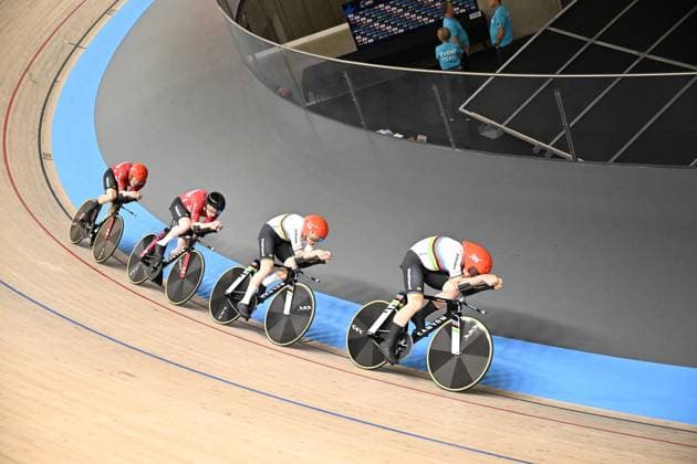 Radsport, Bahnrad-EM Zolder 13-02-2025 European Championships Elite Track; Giornata 02; 2025, Danimarca; Hansen, Aagaard Tobias; Larsen, Niklas; Leth Norman Lasse; Skivild, Juel Robin; Zolder Velodromo; 