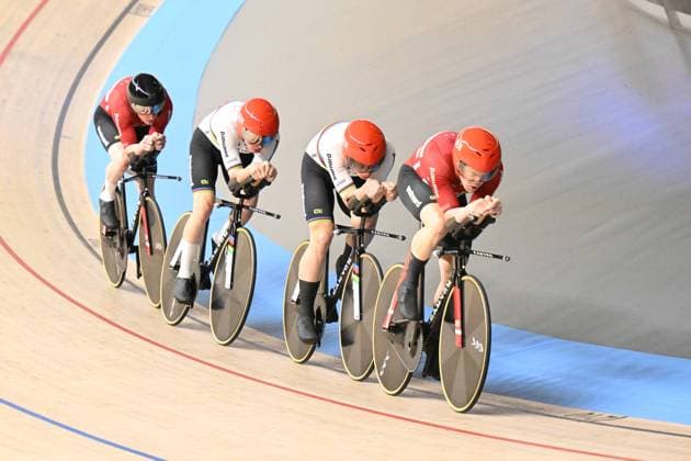 Radsport, Bahnrad-EM Zolder 13-02-2025 European Championships Elite Track; Giornata 02; 2025, Danimarca; Hansen, Aagaard Tobias; Larsen, Niklas; Leth Norman Lasse; Skivild, Juel Robin; Zolder Velodromo; 