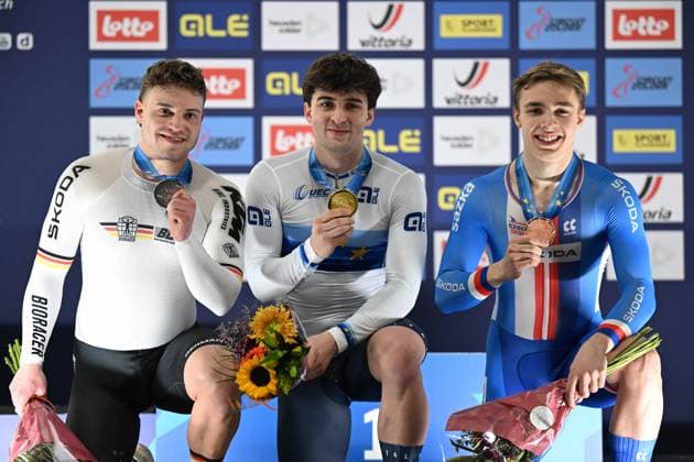 Radsport, Bahnrad-EM Zolder - Sprint Zeitfahren, Maximilian Dornbach holt Silber 13-02-2025 European Championships Elite Track; Giornata 02; 2025, Italia; 2025, Germnay; 2025, Repubblica Ceca; Bianchi, Matteo; Dornbach, Maximilian; Peterka, David; Zolder Velodromo; 