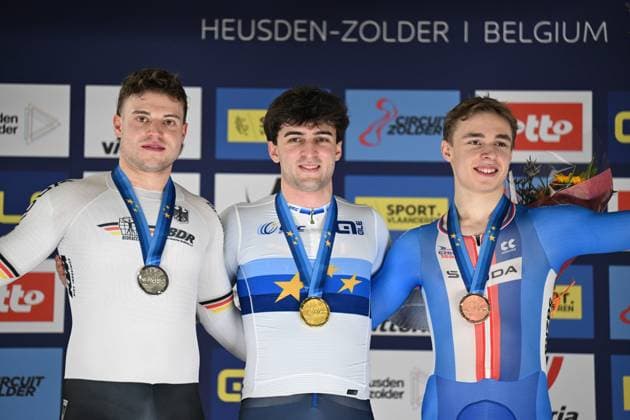 Radsport, Bahnrad-EM Zolder - Sprint Zeitfahren, Maximilian Dornbach holt Silber 13-02-2025 European Championships Elite Track; Giornata 02; 2025, Italia; 2025, Germnay; 2025, Repubblica Ceca; Bianchi, Matteo; Dornbach, Maximilian; Peterka, David; Zolder Velodromo; 