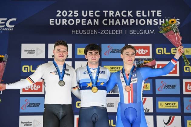 Radsport, Bahnrad-EM Zolder 13-02-2025 European Championships Elite Track; Giornata 02; 2025, Italia; 2025, Germnay; 2025, Repubblica Ceca; Bianchi, Matteo; Dornbach, Maximilian; Peterka, David; Zolder Velodromo; 